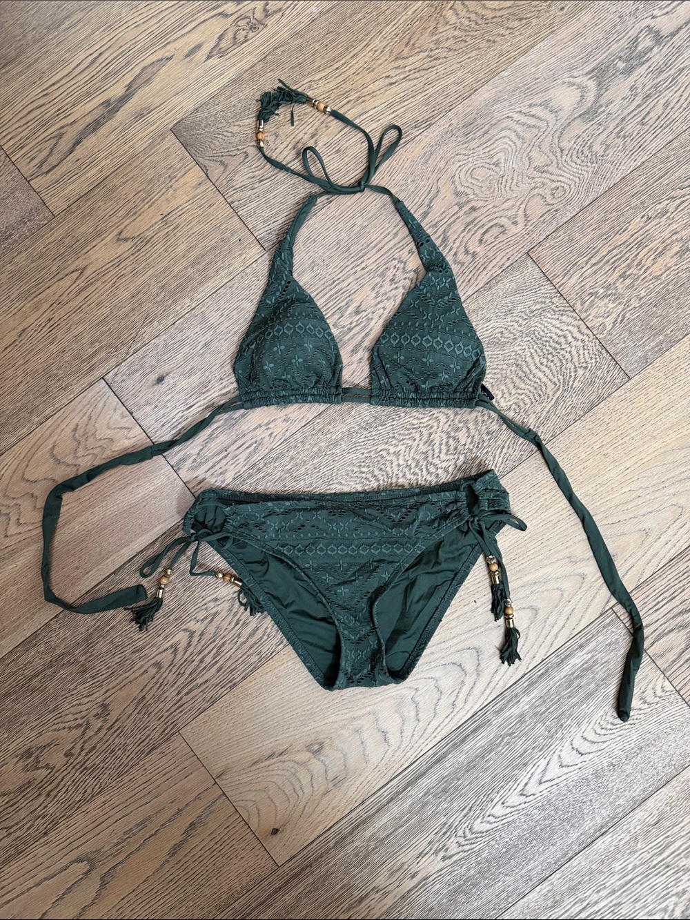 La Blanca Dark Green Lace-Textured Triangle Bikini with Tassel Ties